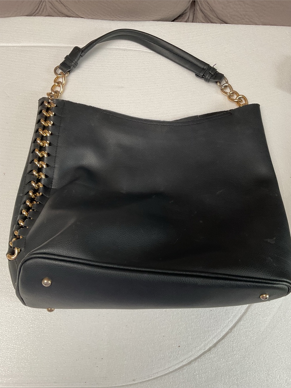 Black Chain-Accent Leather Shoulder Bag